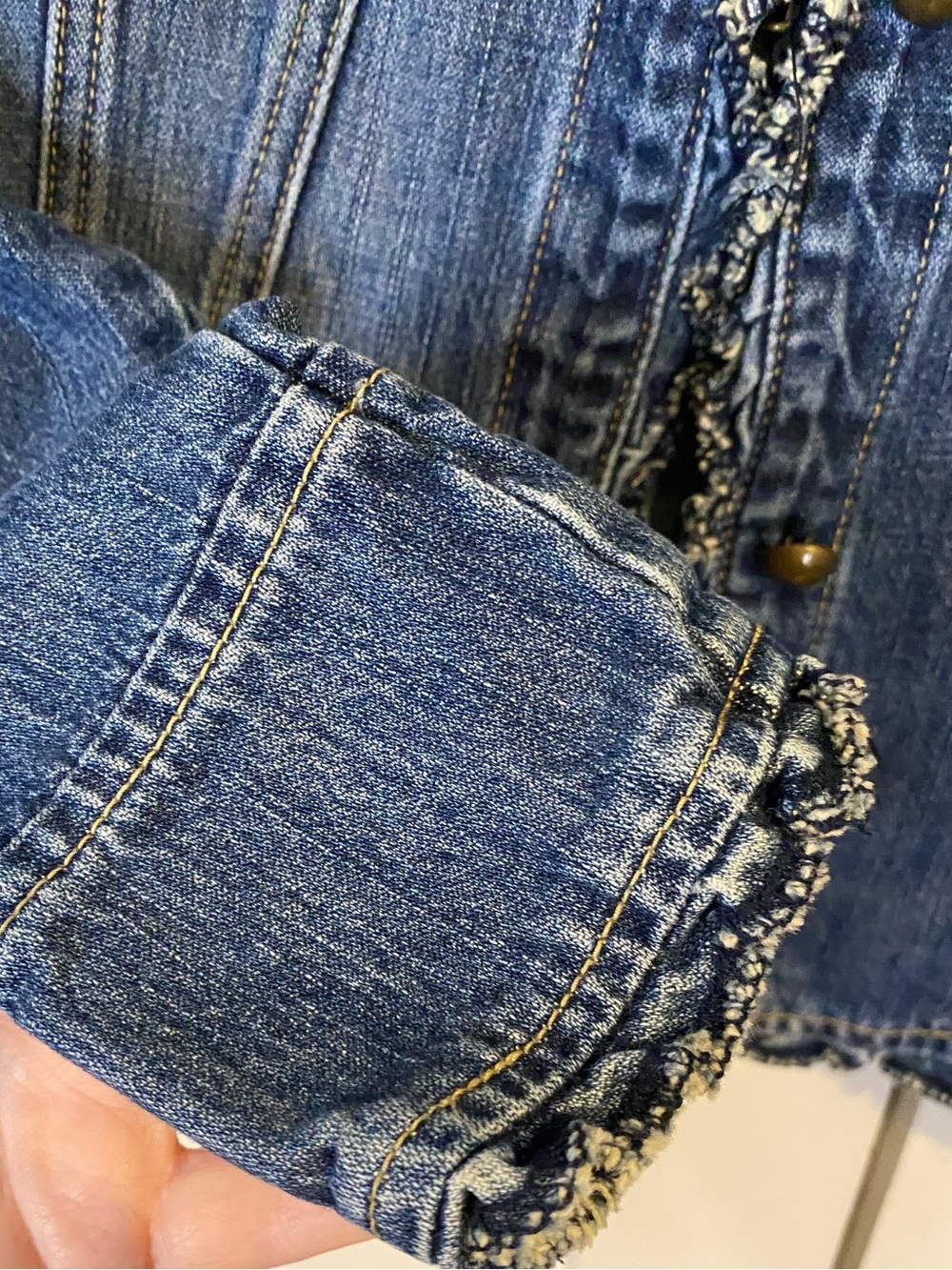 Vintage Rave fitted denim jacket with high neck and frayed ruffle detailing. Med - Picture 8 of 9